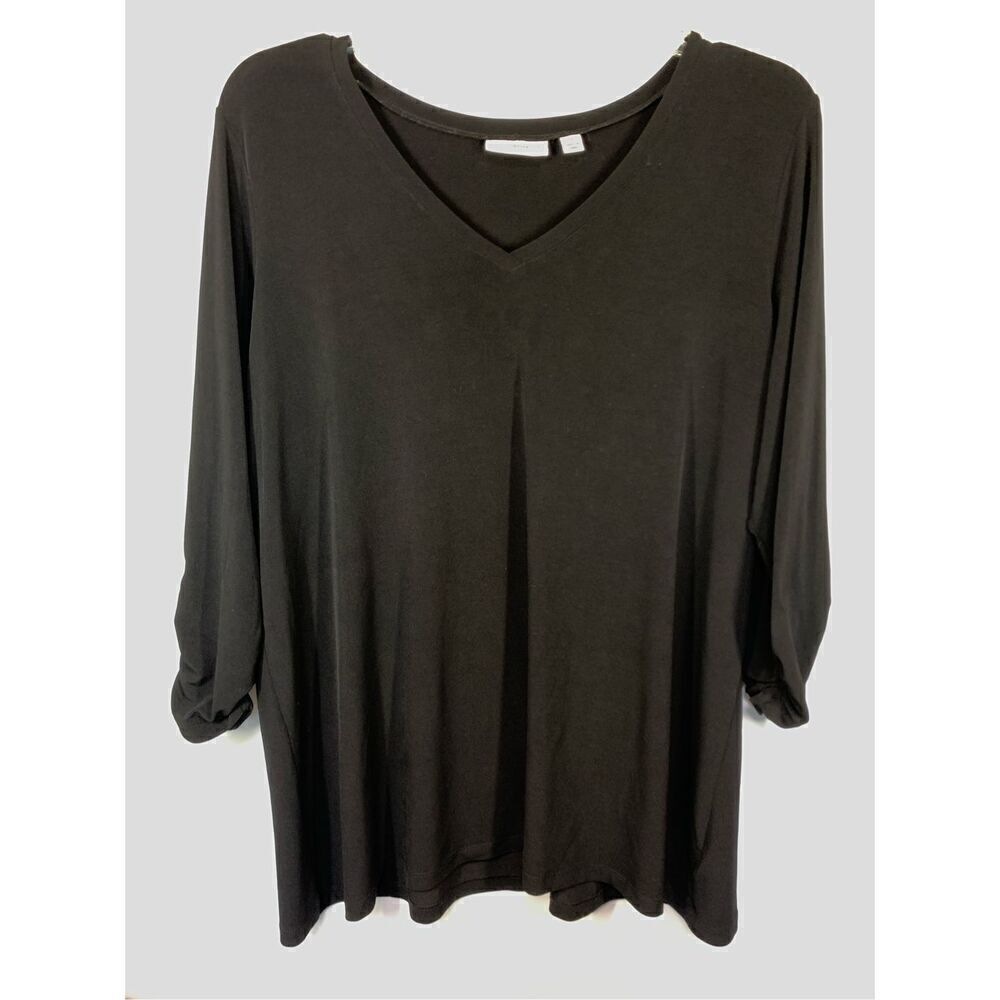 Susan Graver Women's Black Ruched V-Neck Stretch Liquid‎ Knit Top Blouse Size 1X